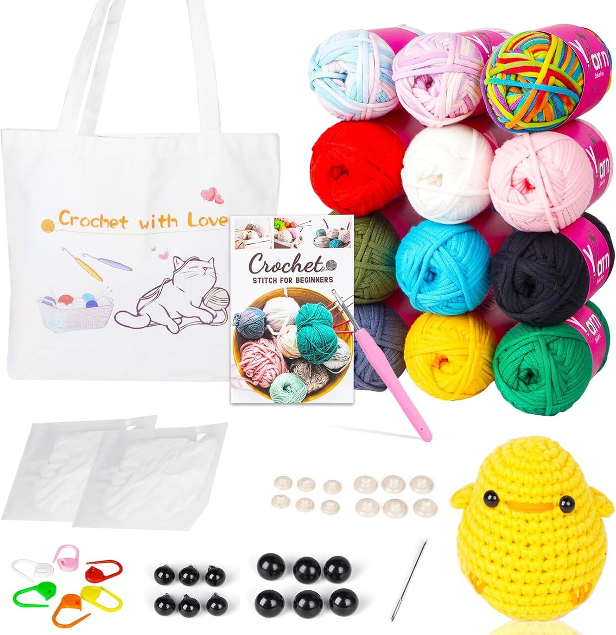 12-Pack Beginner Crochet Yarn Kit – Chunky Cotton & Accessories